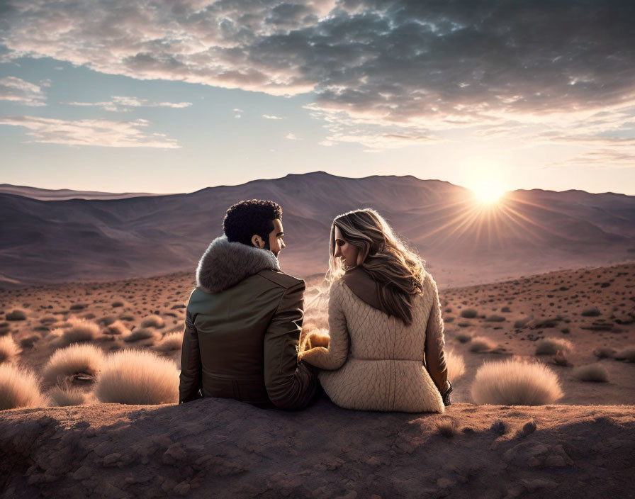 Couple watching tranquil desert sunset with wispy clouds and sandy landscape