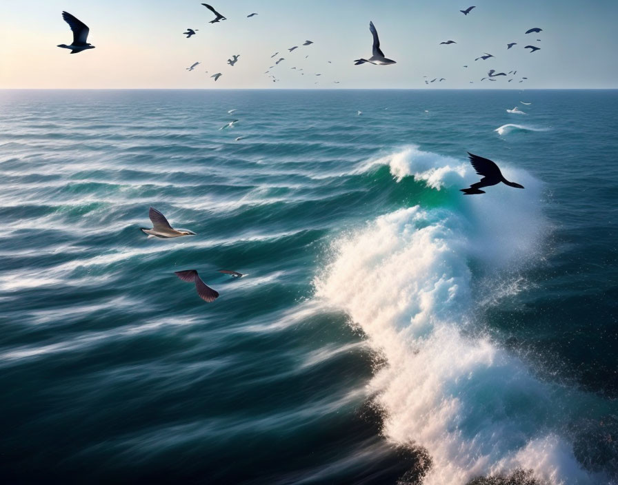 Tranquil Ocean Scene with Soaring Birds and Soft Sky