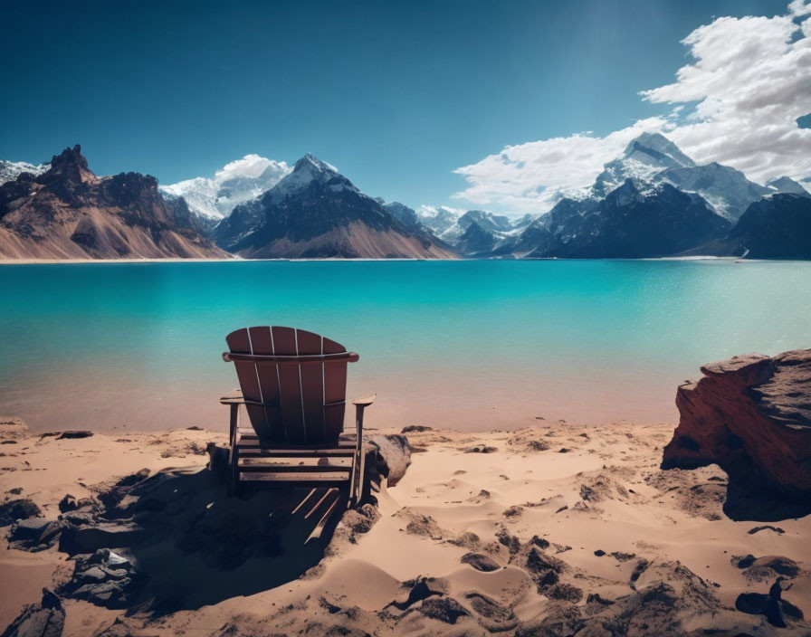 Scenic Adirondack chair by turquoise lake and snow-capped mountains