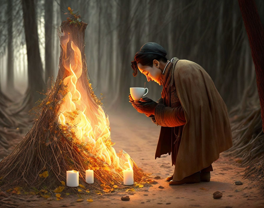 Person kneeling before flaming tree in misty, wooded landscape with candles.