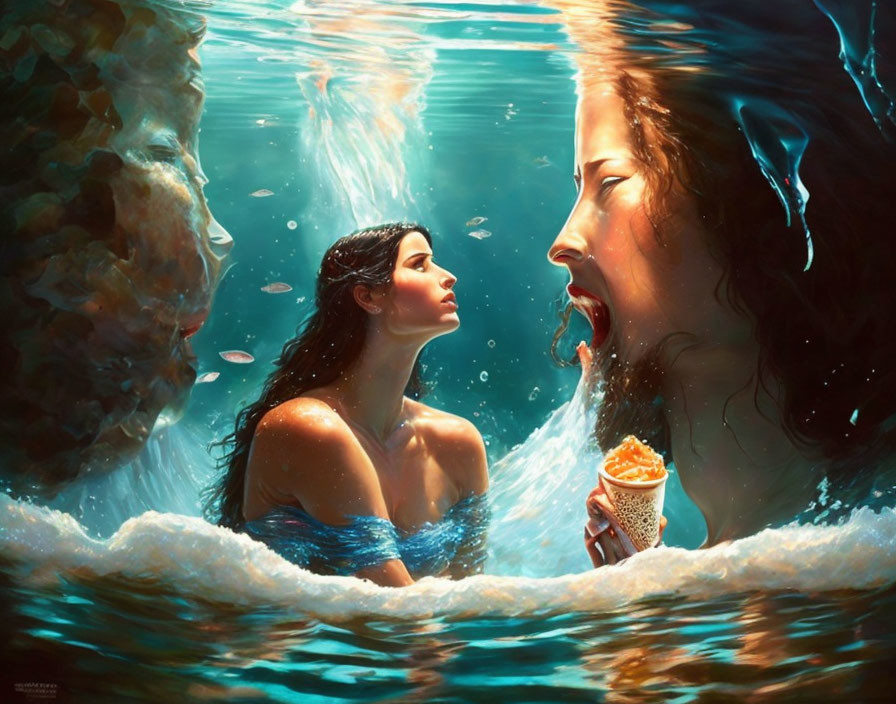 Surreal underwater scene: woman floating, facing mirror reflection, eating ice cream cone