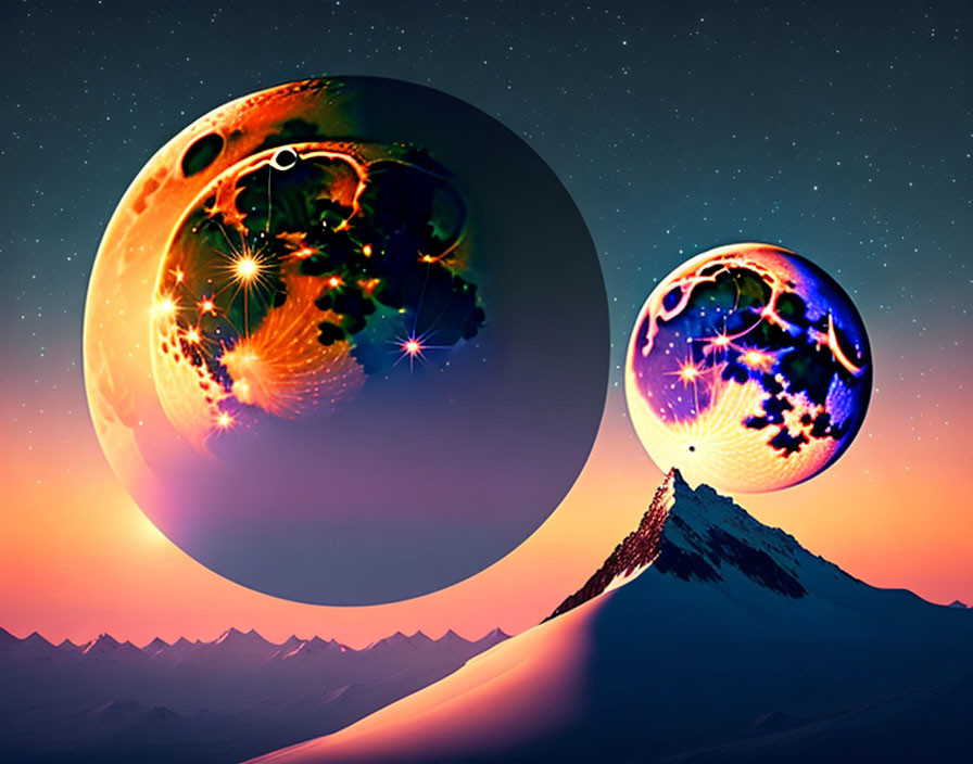 Vibrant fantasy planets near mountain peak in surreal landscape