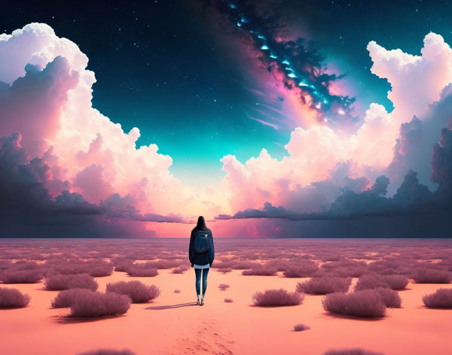 Person walking towards vibrant horizon with pink clouds and starry sky landscape