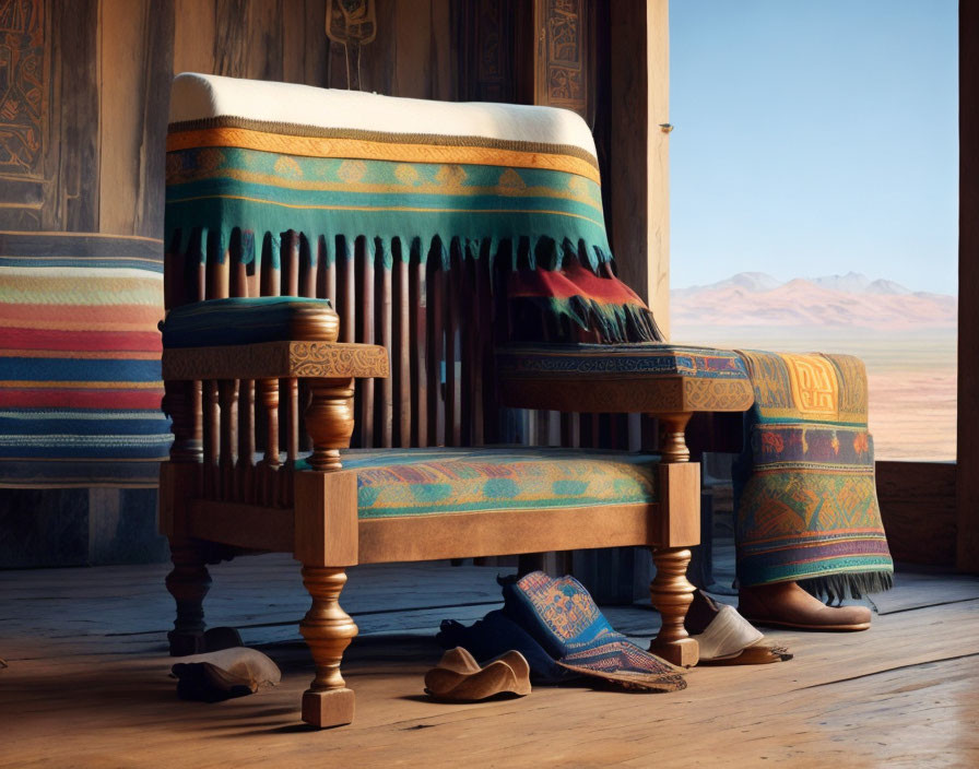 Colorful Fabric Wooden Chair by Sunlit Desert Window