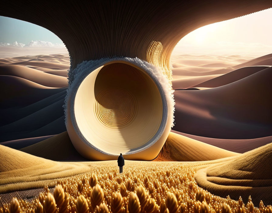 Enormous surreal rolled-up desert landscape with smooth dunes under clear sky