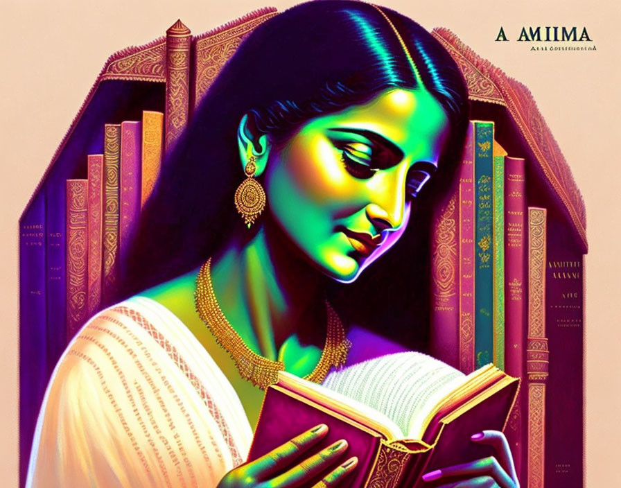 Vibrant illustrated portrait of woman reading with book spine backdrop