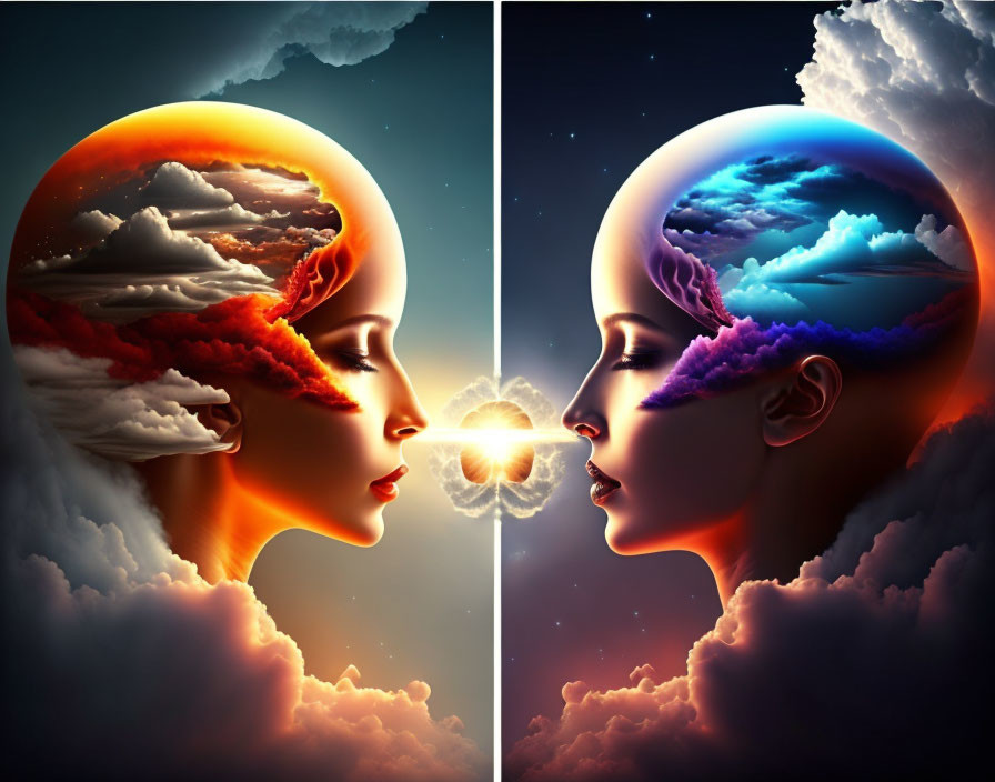 Dual human head profiles with day and night skies and clouds symbolizing duality