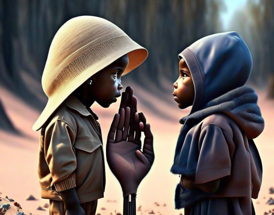 Children in hats and hood touching palms with blurred background