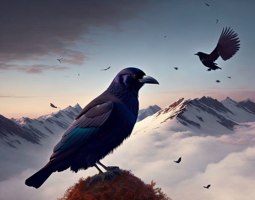 Prominent raven on rock with snowy mountains and pastel sky