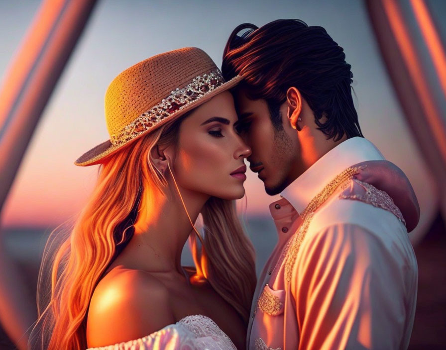 Couple embracing at sunset, woman in straw hat, man in white attire