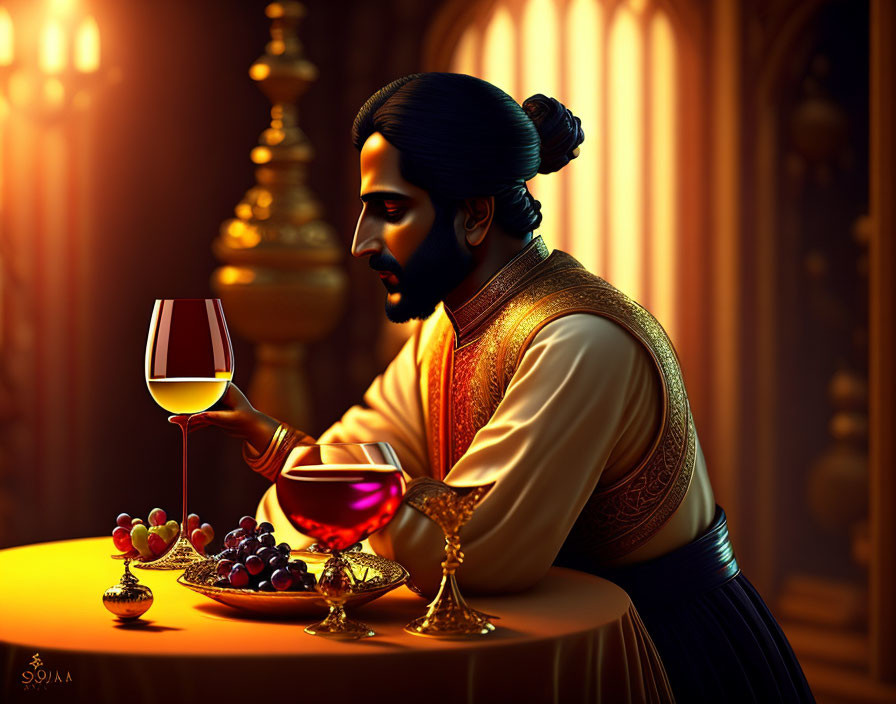 Traditional Attire Man Inspects Wine in Ornate Room