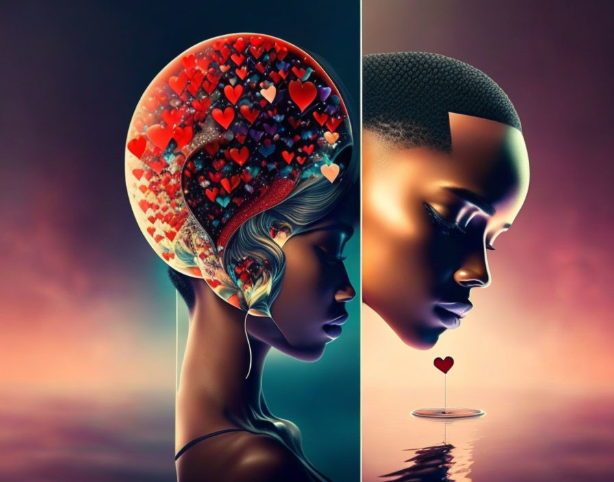 Digital artwork: Male and female side profiles with hearts, one reflected in water.