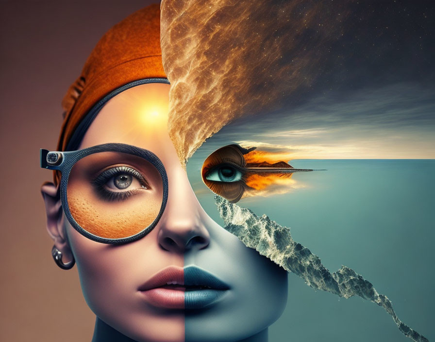 Surreal image of woman's face split with normal and oceanic landscape side