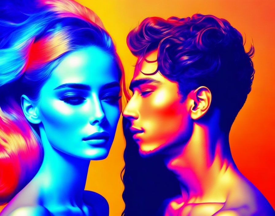 Stylized man and woman in profile with vibrant neon lighting