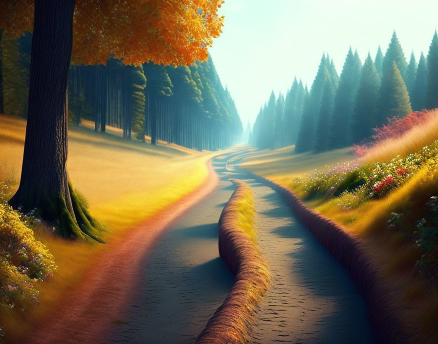 Forest Path with Autumnal and Evergreen Trees in Serene Setting