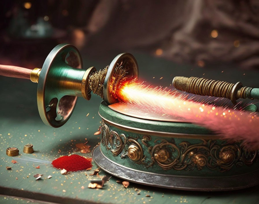 Detailed illustration of sword sharpening on wheel with sparks, magical aura, coins, and red powder.