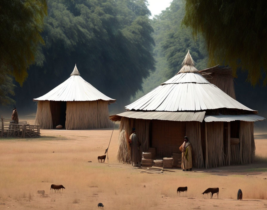 Rural scene: Thatched huts, goats, and people talking