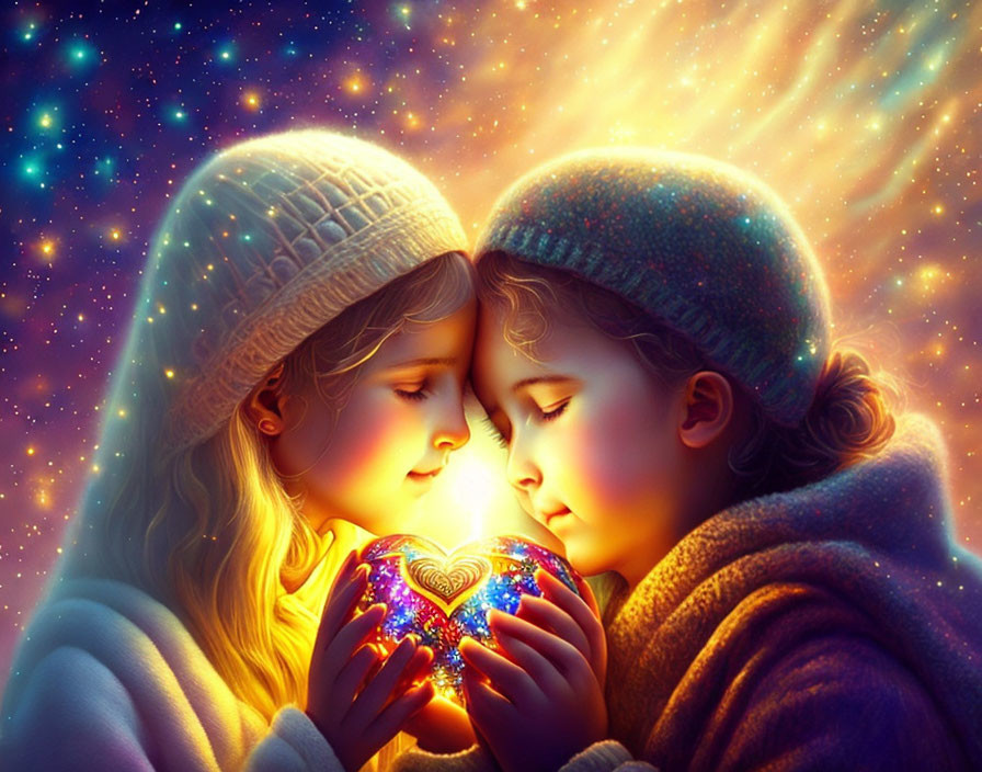 Children in winter hats holding glowing heart in starry setting