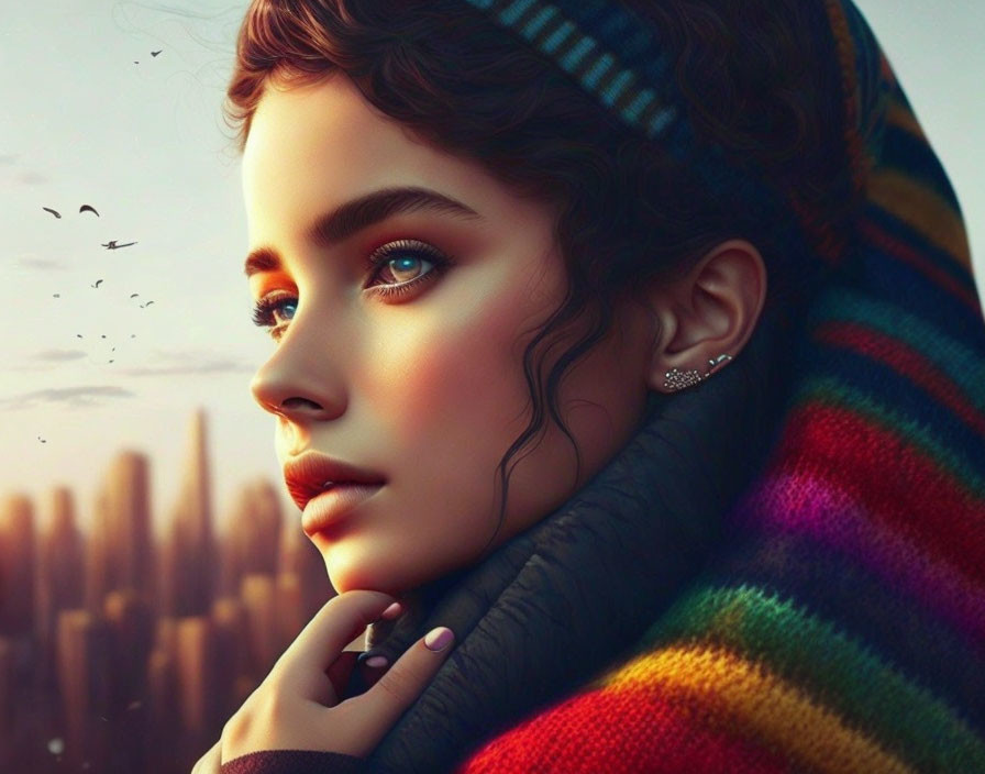 Digital artwork: Woman with blue eyes, colorful scarf, black jacket, cityscape at sunset