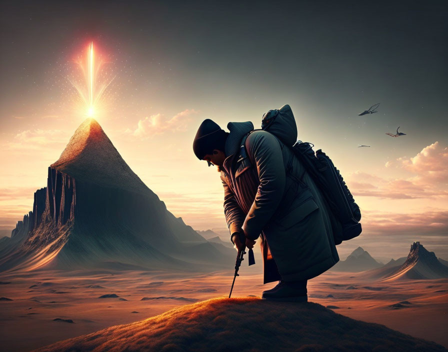 Hiker in desert with mountain emitting bright beam at dusk