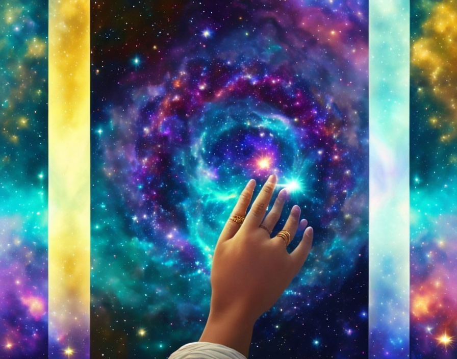 Hand reaching towards vibrant spiral galaxy with multicolored light beams