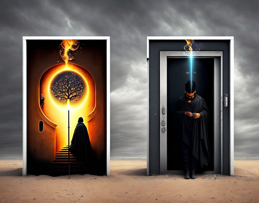 Contrasting desert doors: bright fiery scene with tree vs. dark figure in elevator