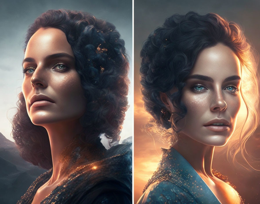 Dual Portraits of Woman with Dark Hair and Blue Eyes