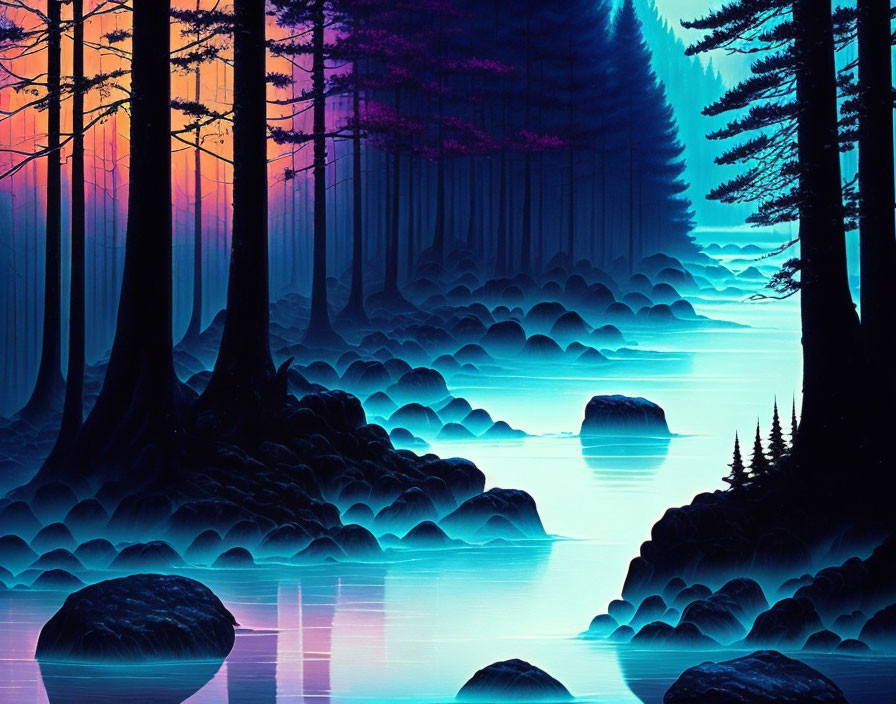 Tranquil purple and blue fantasy forest with misty waters and sunset reflection