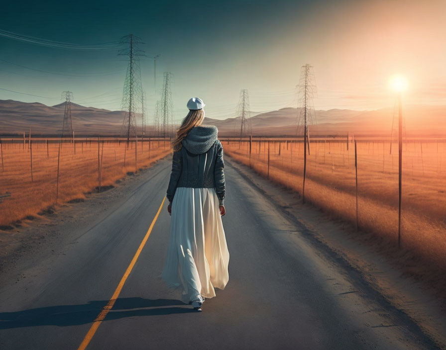 Woman walking down centerline of deserted road at sunset with power lines, vast open land, and warm