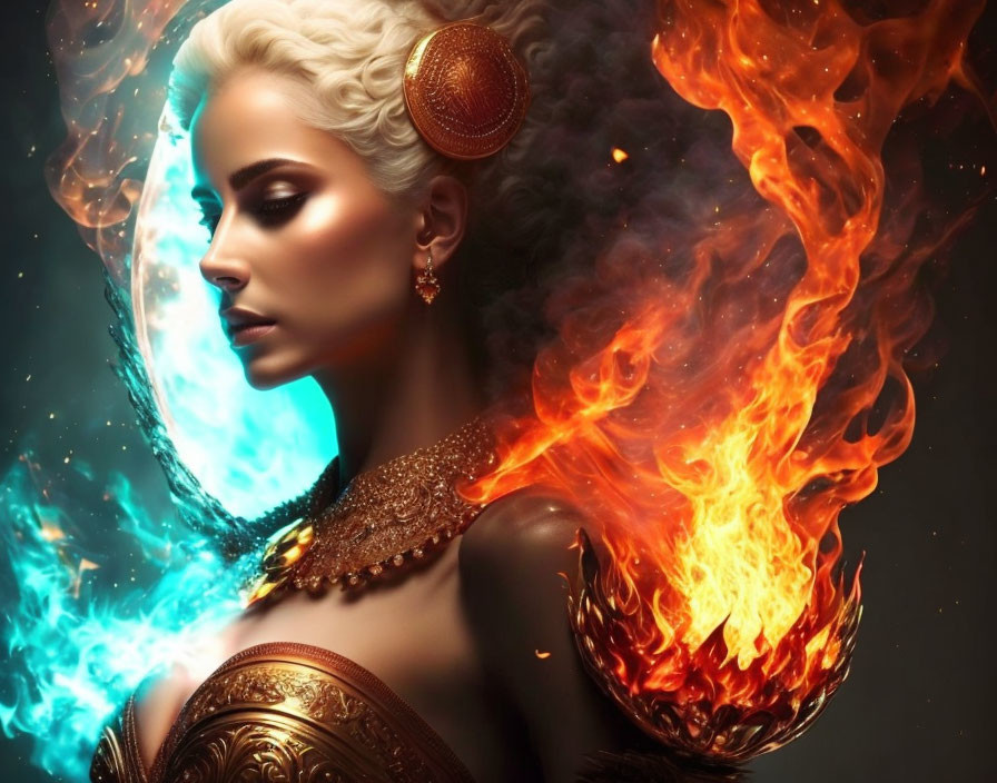 Fantasy portrait featuring woman with icy blonde hair and fiery elements