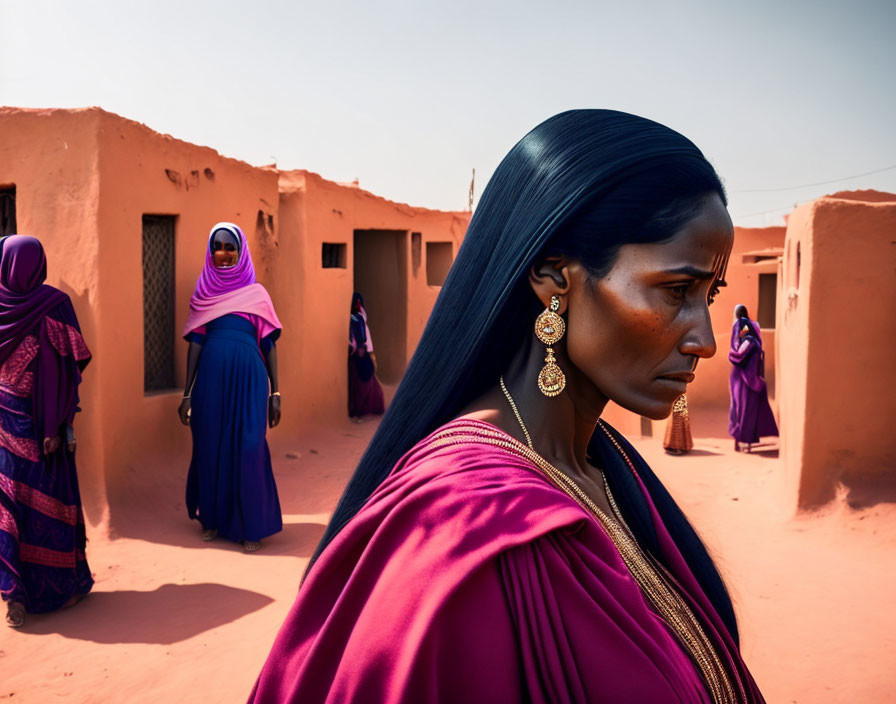 Woman in Purple Dress Stands in Desert Village