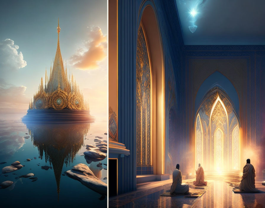 Fantasy composite image: Golden spired castle floating over water & serene blue-toned ornate room