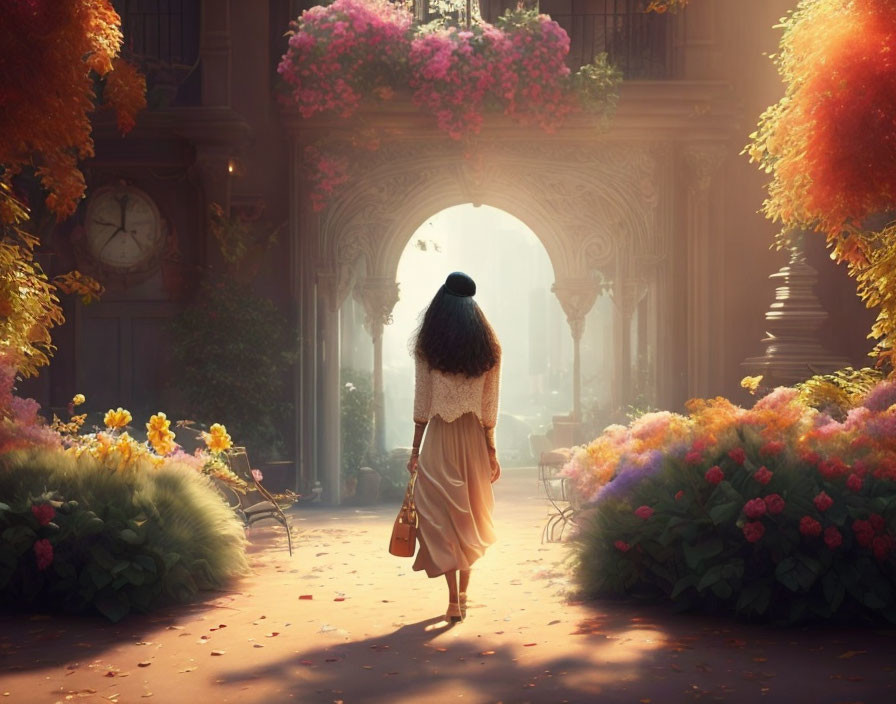 Woman walking towards sunlit archway in flower-lined garden path