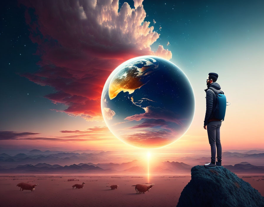 Person on rocky peak gazes at oversized Earth above horizon with wild animals below