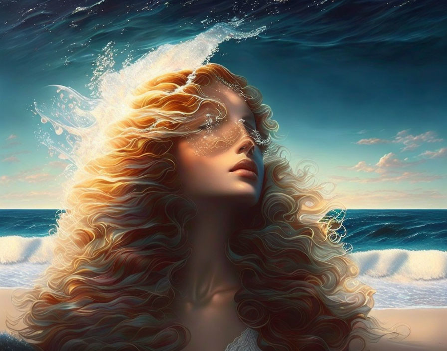 Golden-haired woman blending with the sea under a vibrant sky