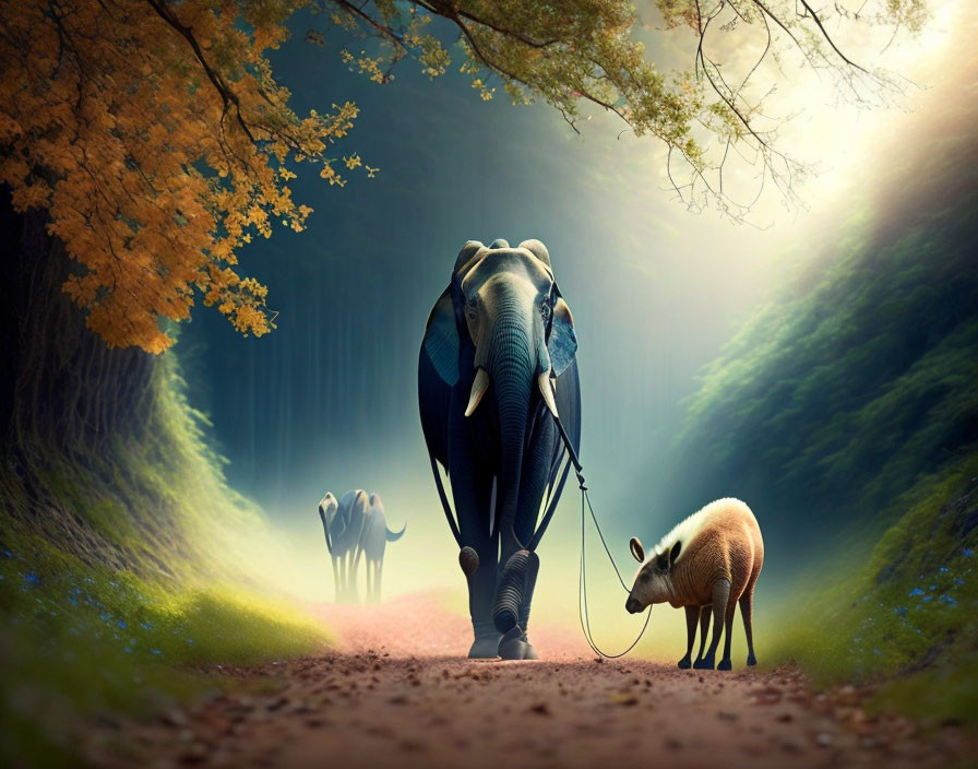 Surreal forest scene with elephant, pig, and miniatures in warm sunlight