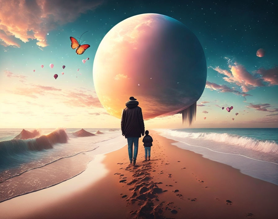 Adult and child on beach with surreal giant planet, butterflies, and heart-shaped balloons.