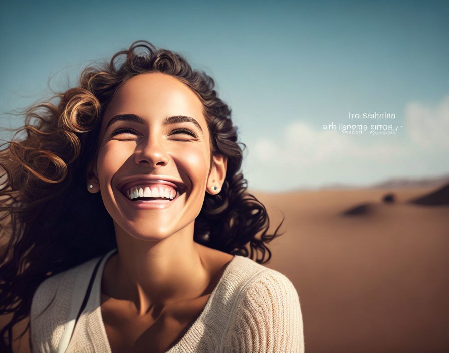 Curly-haired woman laughing joyfully in desert landscape