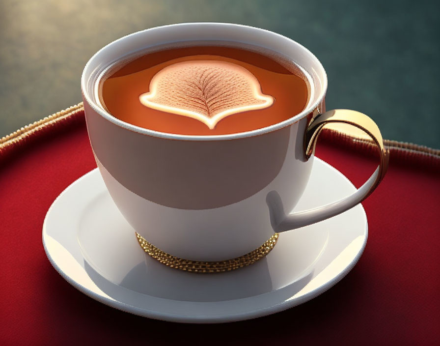 White cup with golden handle and rim, filled with tea and milk-art leaf pattern on saucer