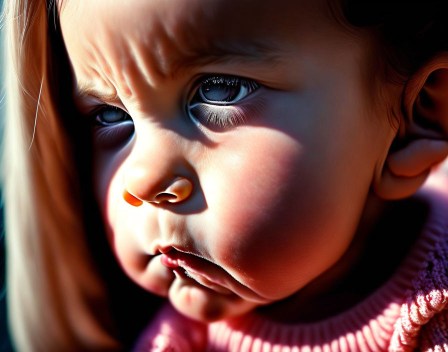 Toddler with furrowed brow and blue eyes in pink sweater