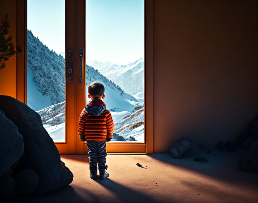 Child in Striped Jacket Gazes at Snowy Mountain Landscape at Sunrise