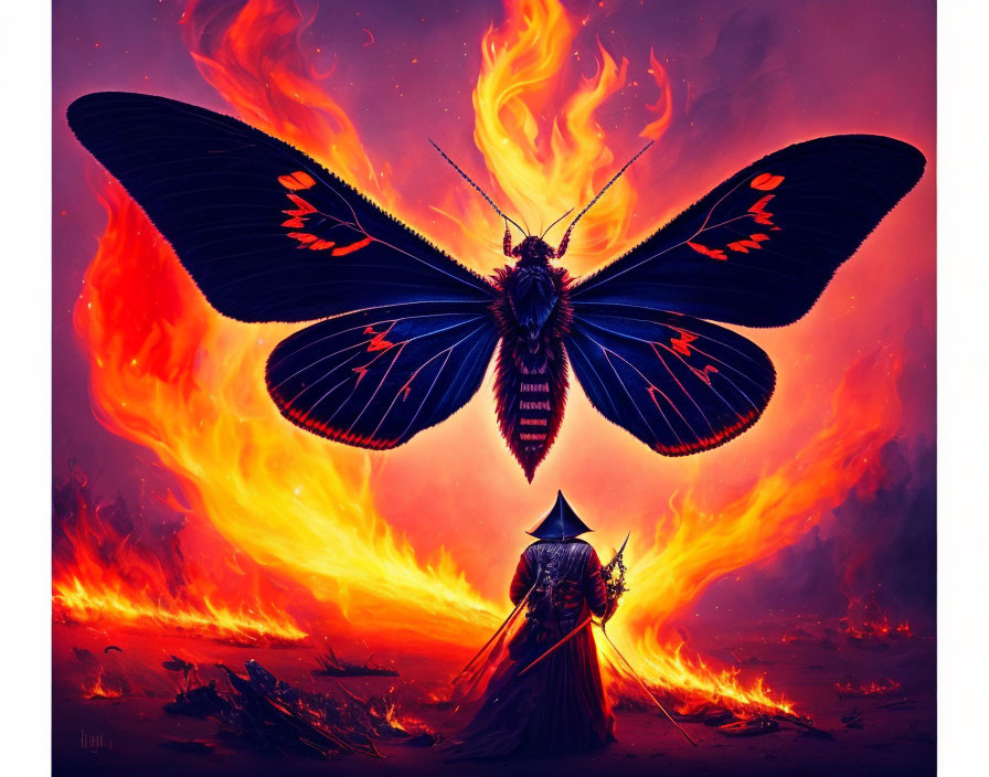 Vibrant blue and orange moth over fiery landscape with cloaked figure