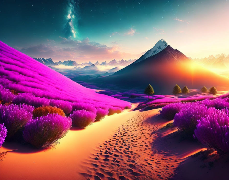 Purple Foliage Landscape with Sandy Path, Mountains, Trees, and Starry Sky