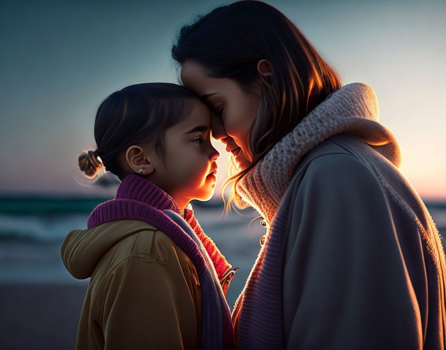 Woman and girl touching foreheads at sunset by the ocean