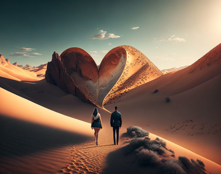 Couple walking to heart-shaped rock in serene desert landscape