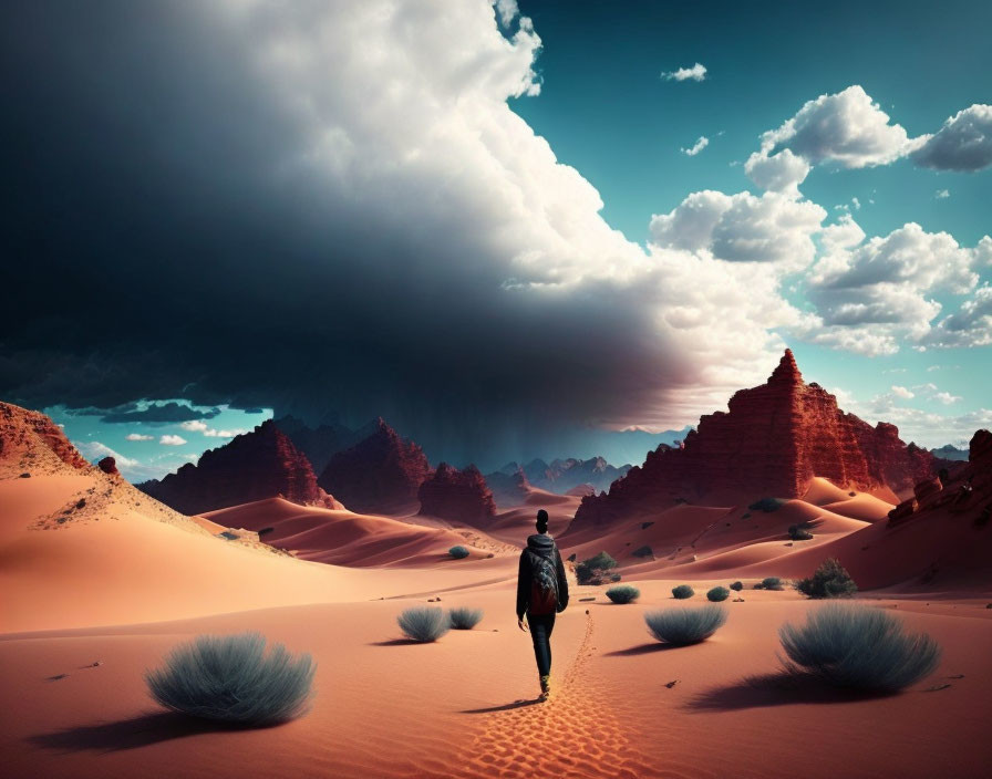 Person walking towards towering rock formations in vast desert landscape