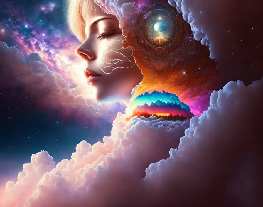 Woman's profile merges with cosmic elements: vibrant clouds, galaxy-eye, celestial lighting