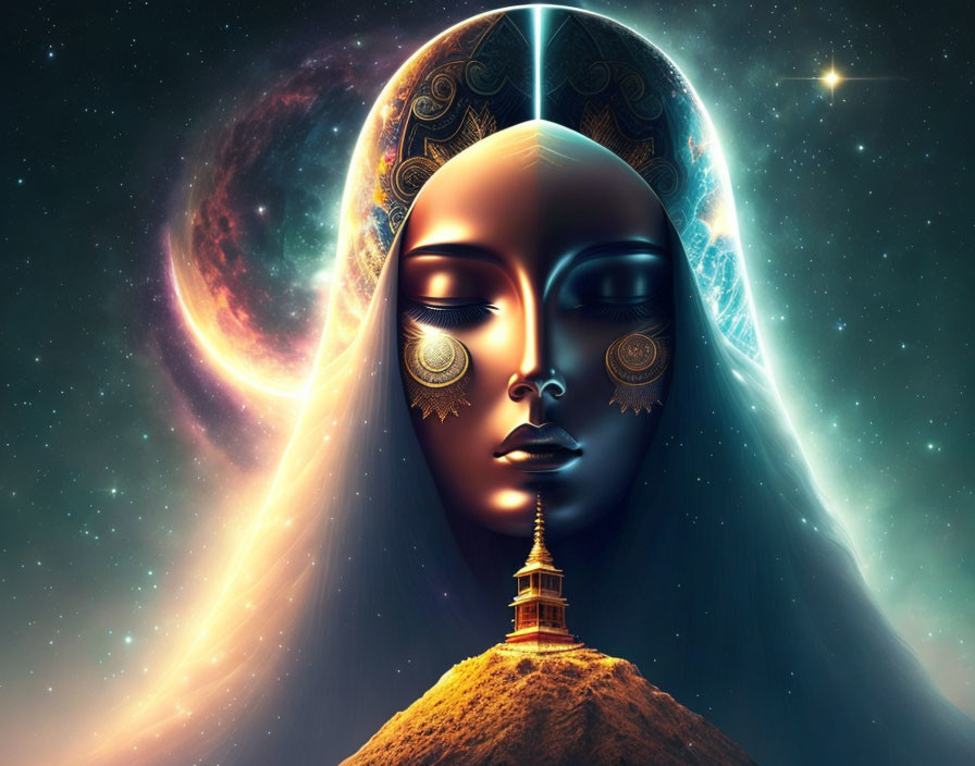 Celestial-themed woman's face illustration with space backdrop and temple.