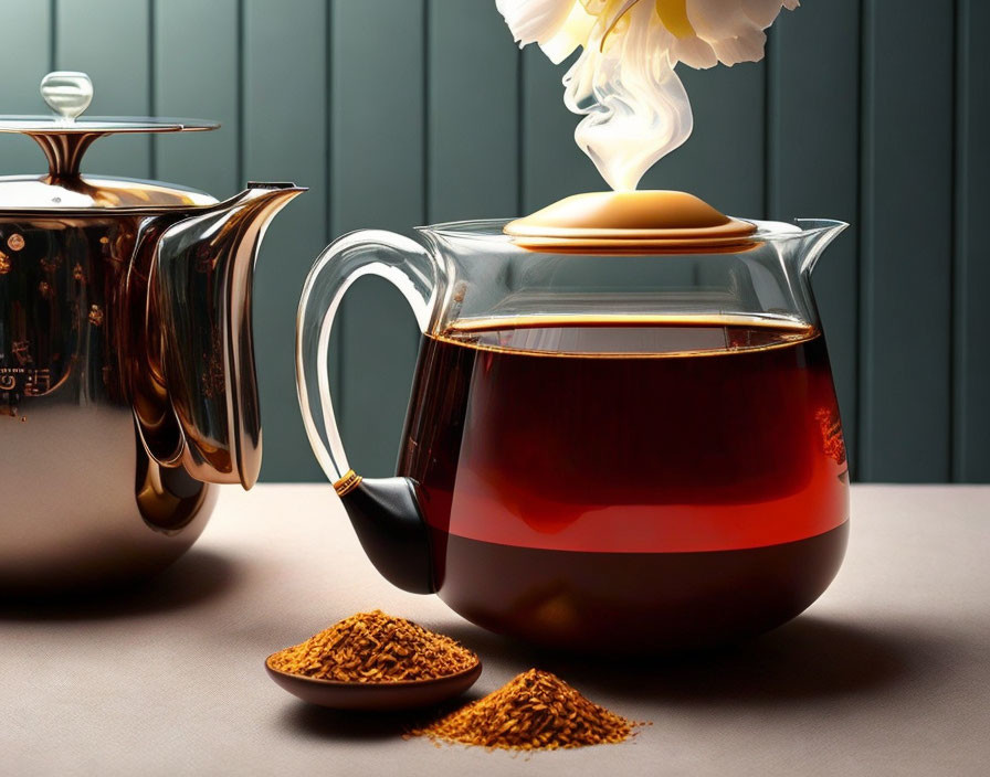 Transparent teapot with brown tea and milk splash, metal teapot, and spilled leaves