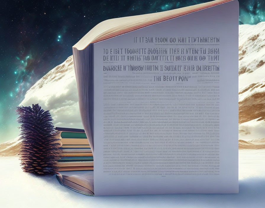 Glowing open book in snowy mountain landscape under starry sky